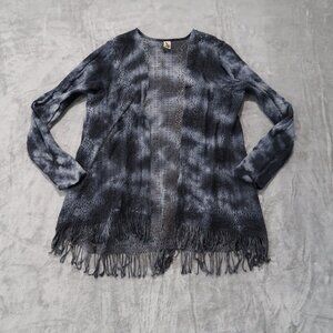 XCVI Sweater Womens L Gray Open Cardigan Fringe Marble Tie Dye Sweatshirt